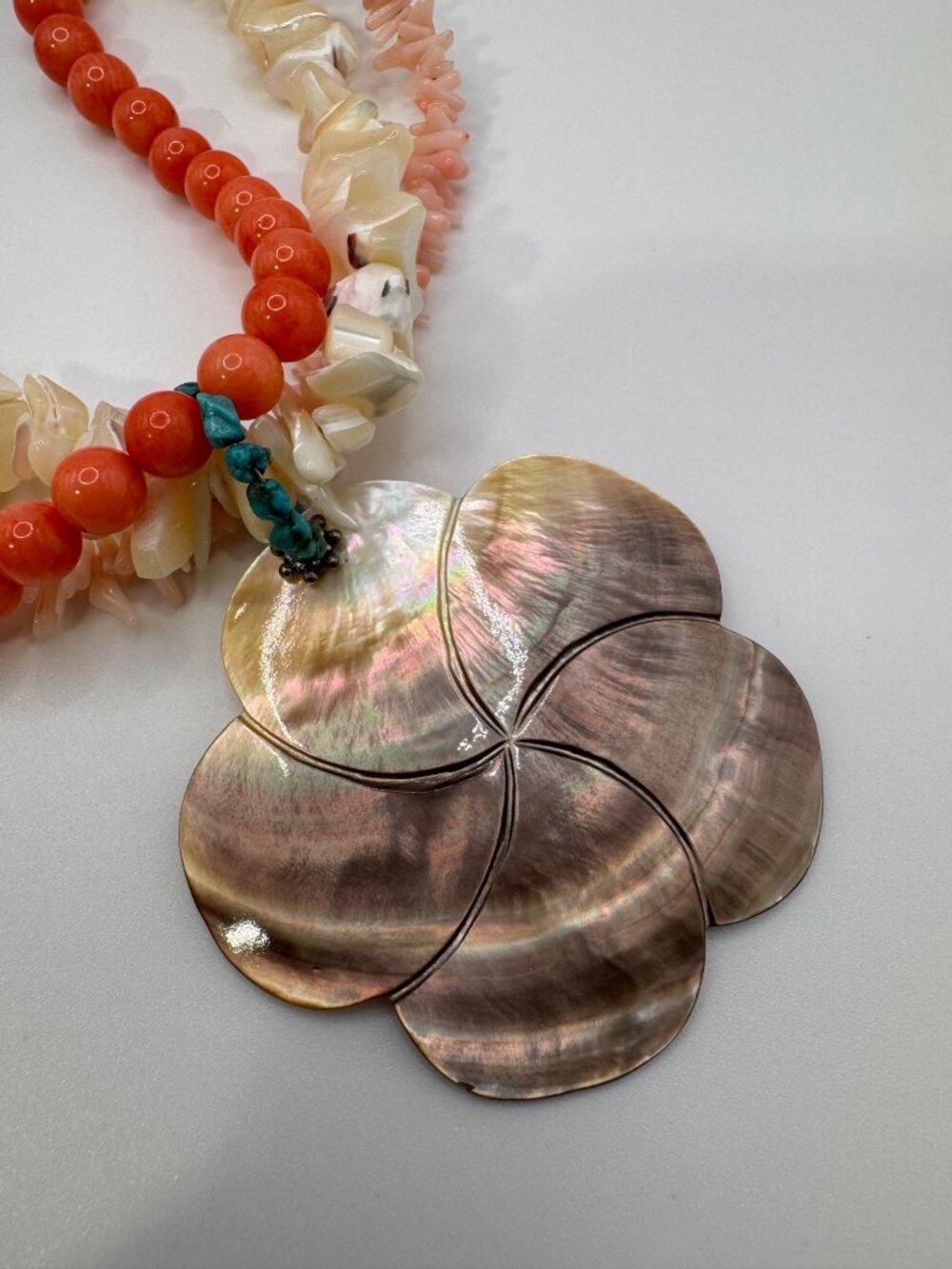 Vintage Coral Bead Multi Strand Necklace 925 Sterling MOP Shell Pendant Chunky - Picture 4 of 14
